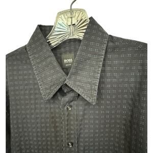 Hugo Boss Shirt Men's Large Black Blue Slim Fit Preppy Patterned Office Career